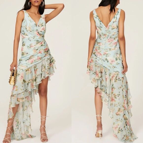 MAC DUGGAL Dress Womens 2 Floral Ruffle Hem Chiffon Ruched Sleeveless Sheath - Picture 1 of 15